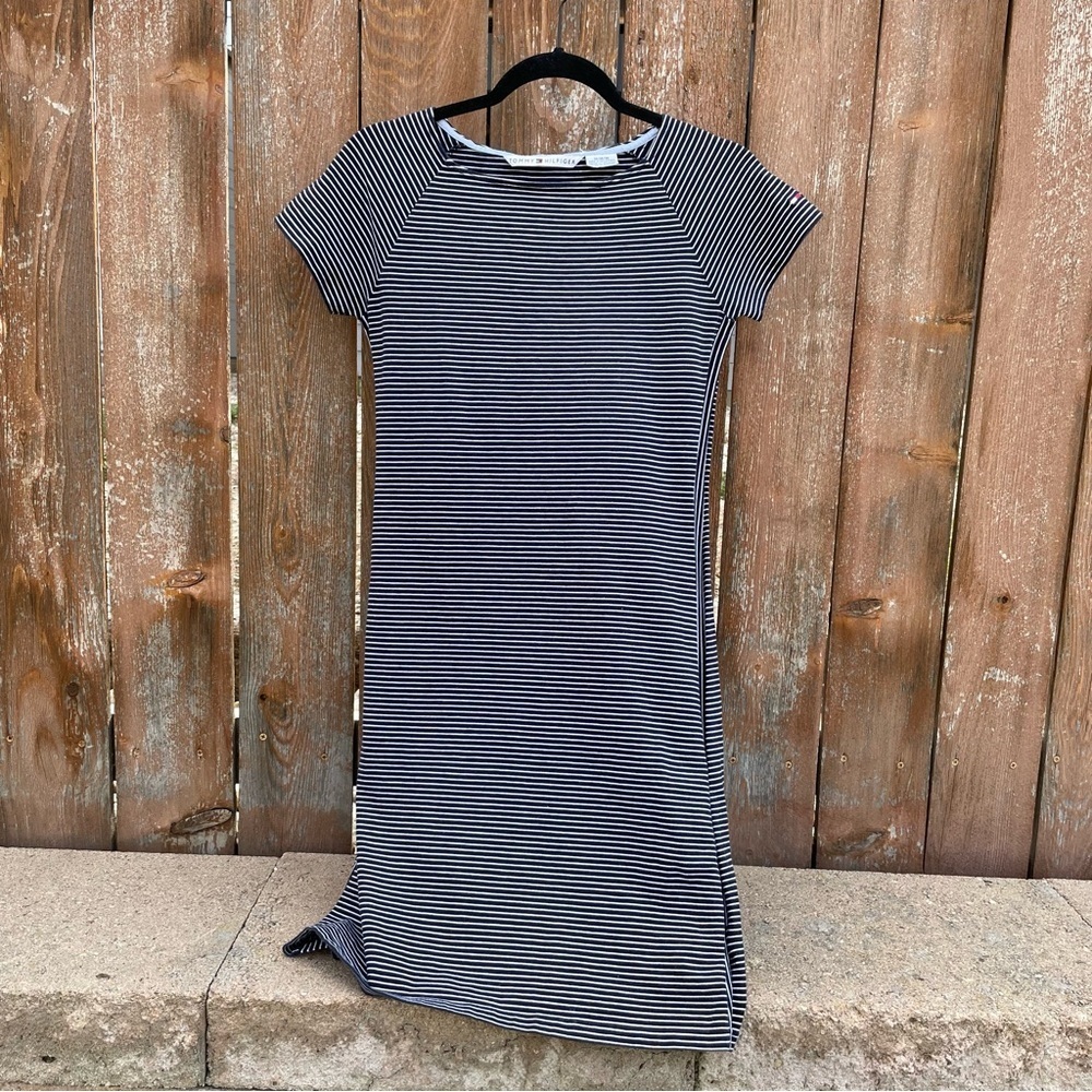 TOMMY HILFIGER Women’s Navy White Striped Sheath Dress Short Sleeve Size Medium